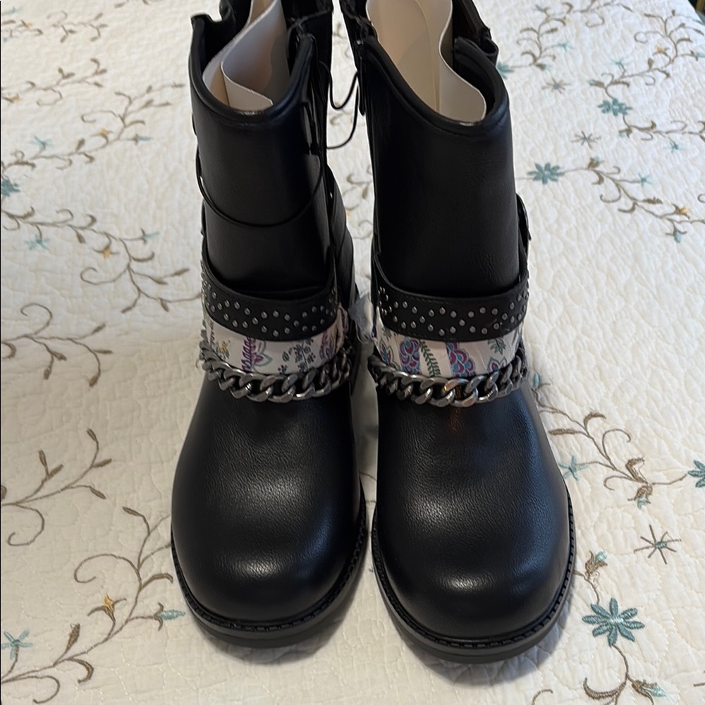 Black Chain-Embellished Moto Boots